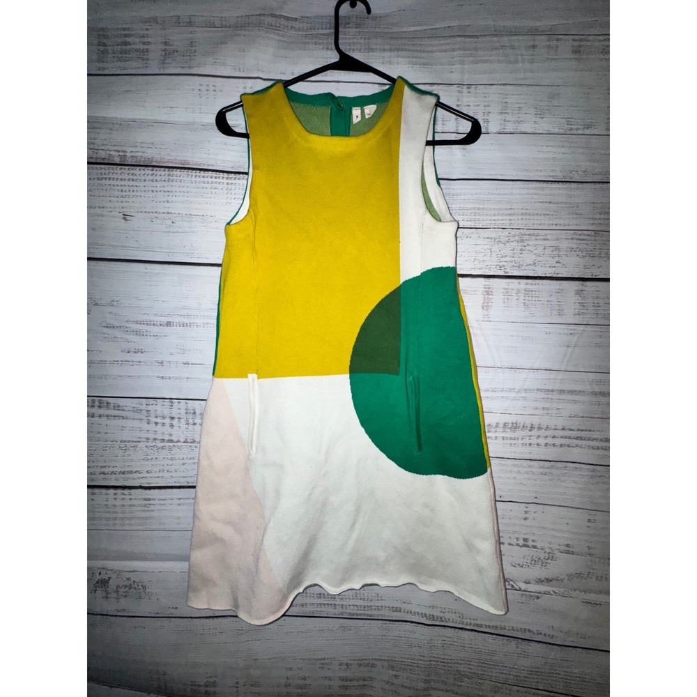 Anthropologie Moth Colorblock Geometric Knit Shift Dress Green Yellow Small